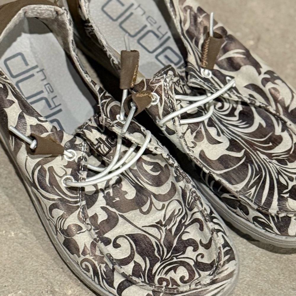 Hey Dude Cream and Brown Floral Print Flats - Picture 2 of 10